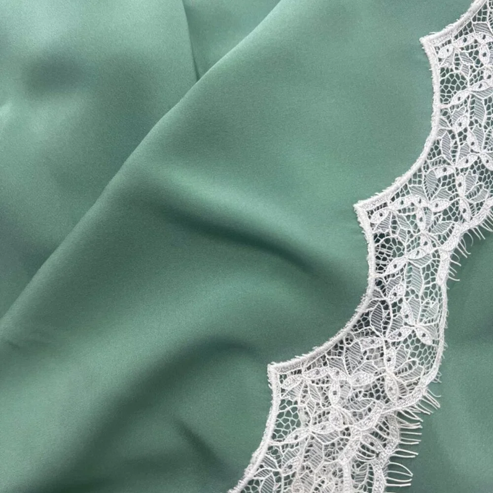 CHICJOC 100% Silk Bias-Cut Green Midi Skirt w/ Lace Hem size 38